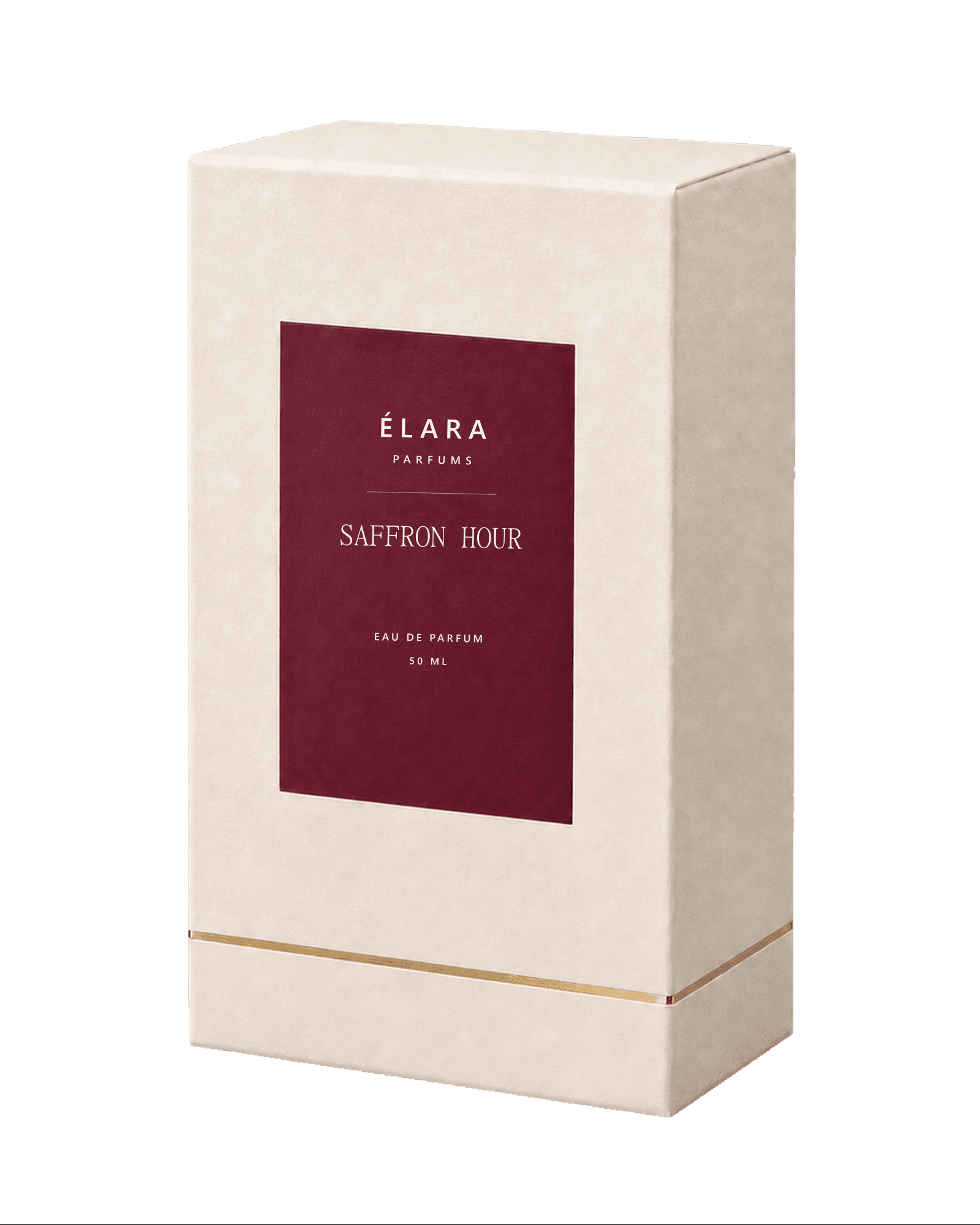 Warm ivory Saffron Hour carton with an aubergine label panel