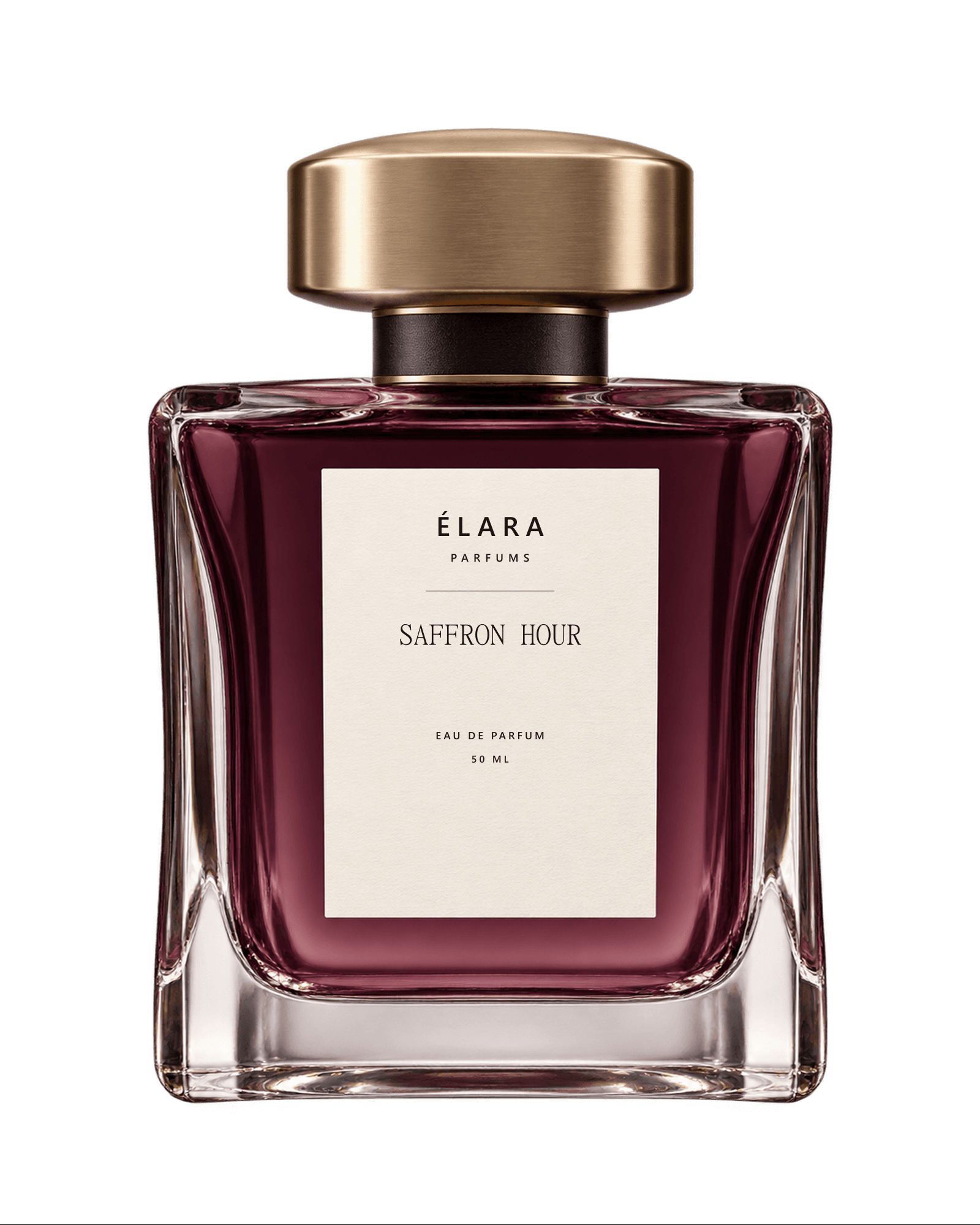 Front view of the Saffron Hour bottle with aubergine glass and an ivory label