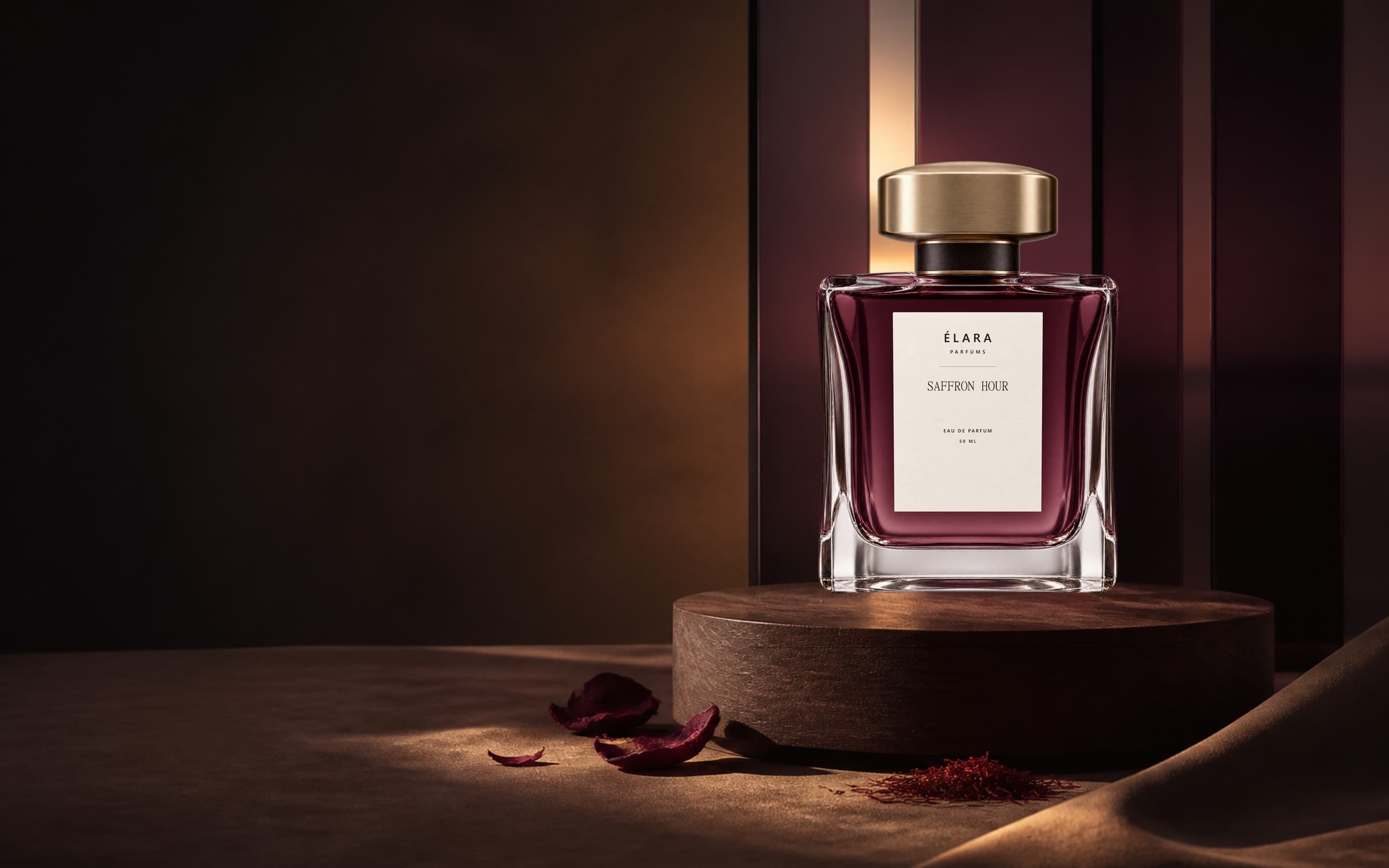 Saffron Hour framed by warm evening light and aubergine glass