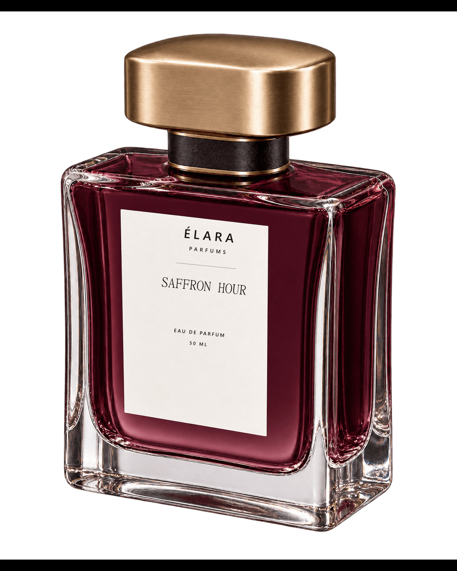 Three-quarter view of the Saffron Hour bottle showing its faceted glass profile
