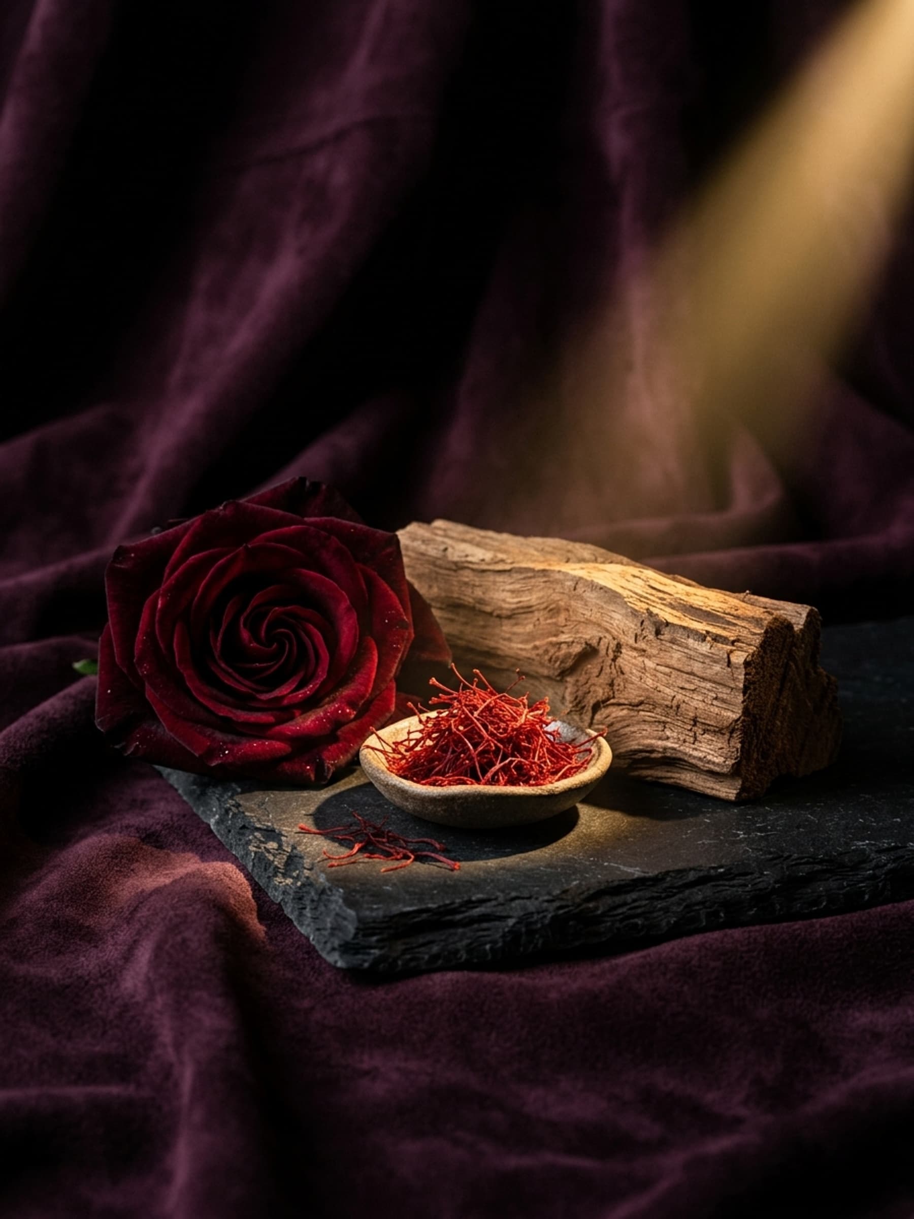 Saffron, rose, suede and cedar arranged as the Saffron Hour note story