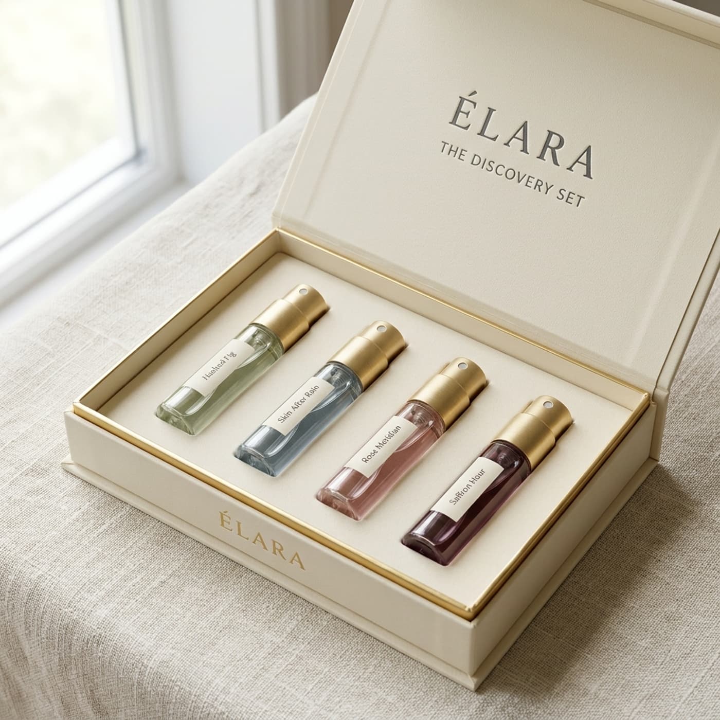 Four ÉLARA fragrance vials arranged in a warm ivory discovery box
