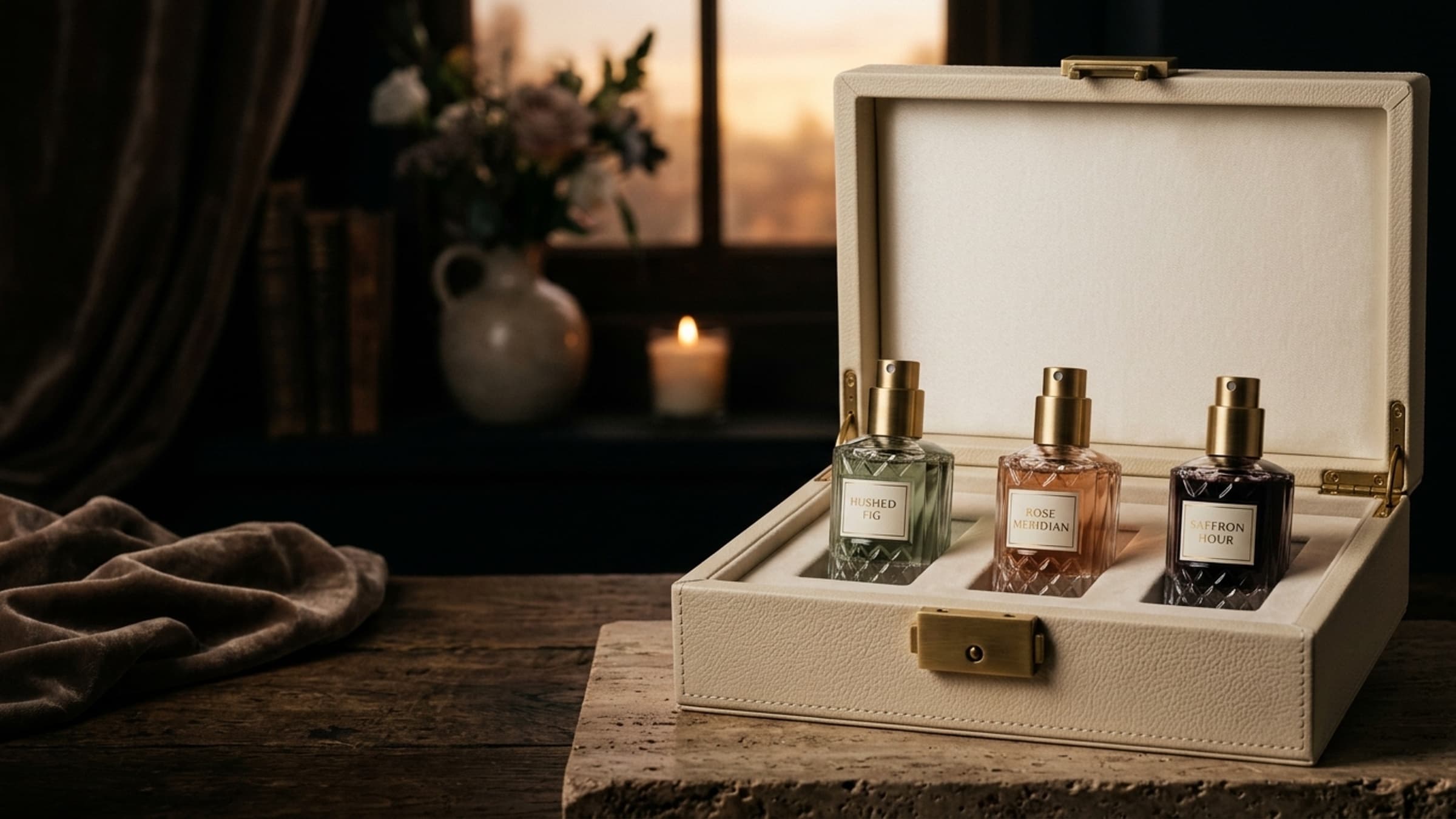 Three ÉLARA fragrances presented in an open wardrobe case